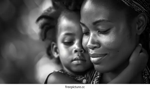 A black and white portrait of a mother and her child