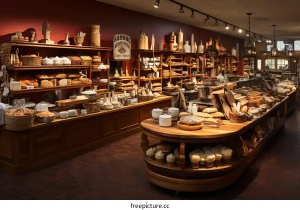 Traditional Bakery Interior with Wooden Shelves and Bread Display