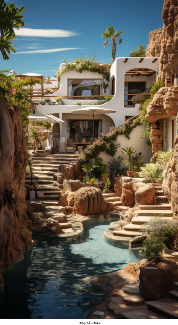 Modern villa exterior with pool and rocks