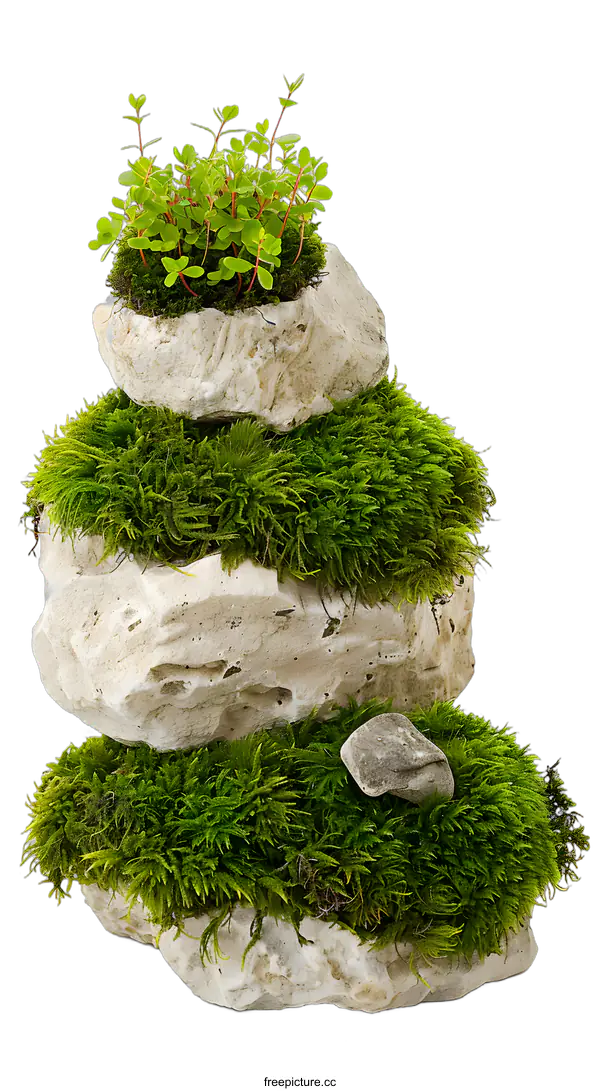 [Transparent Background PNG]Green Moss Growing on Stacked Rocks