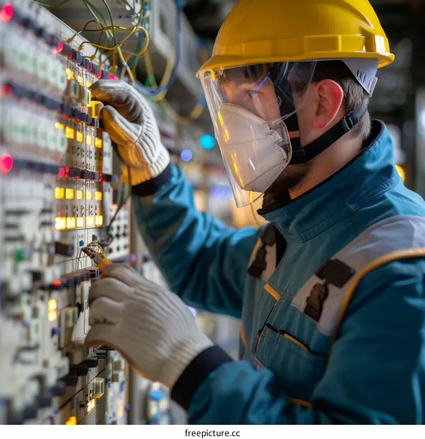 technician wearing protective gear works on electrical panel