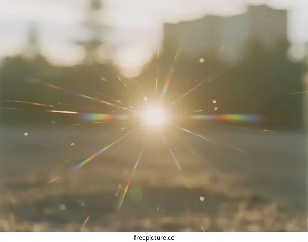 Bright Sunlight Creating Starburst Effect Over Open Field