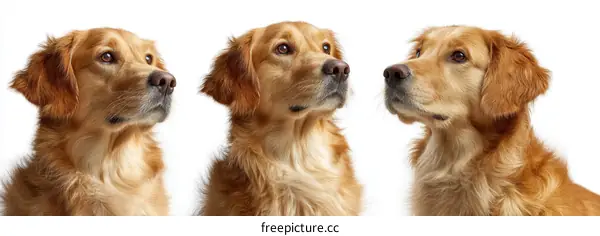 Three Golden Retriever Portraits on White Background