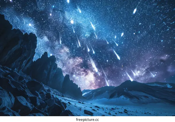 Meteor shower over snow-capped mountains