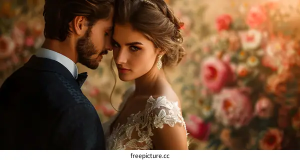 A beautiful bride and groom pose for a photo on their wedding day.