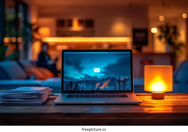 A woman is sitting on a couch in the background while a laptop sits on a desk in the foreground with a lamp beside it.