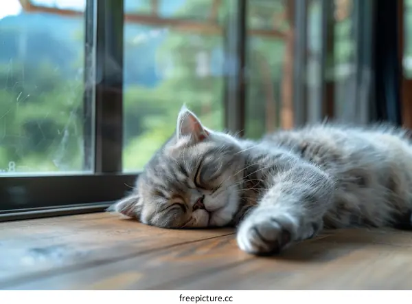 A gray cat is sleeping on the wooden floor in front of the floor-to-ceiling windows.