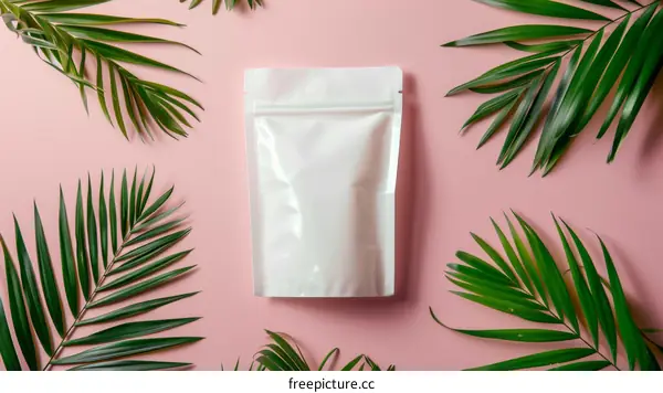 Blank white doypack mockup with green tropical leaves
