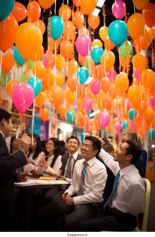 A group of young people are sitting in a room that is decorated with balloons.