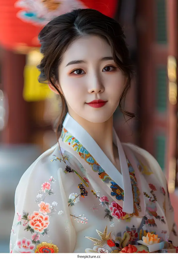 Portrait of a young Korean woman in traditional dress, or Hanbok