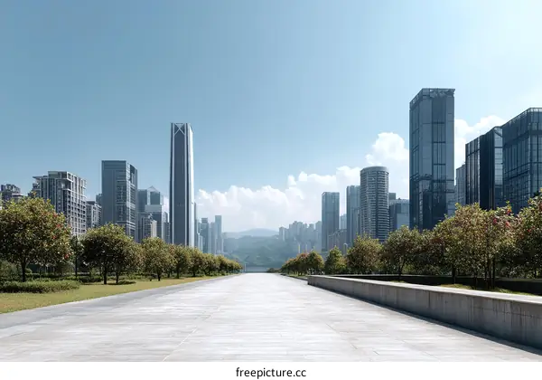 Modern Cityscape Pathway with Lush Greenery