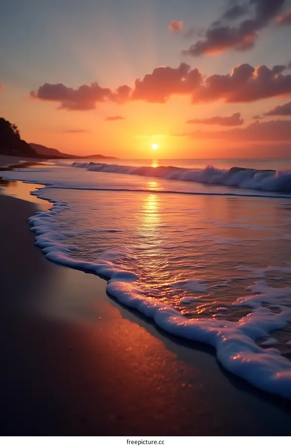 Golden Hour Sunset Over Beach With Waves