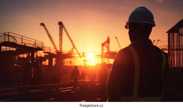 Construction workers on a construction site at sunset