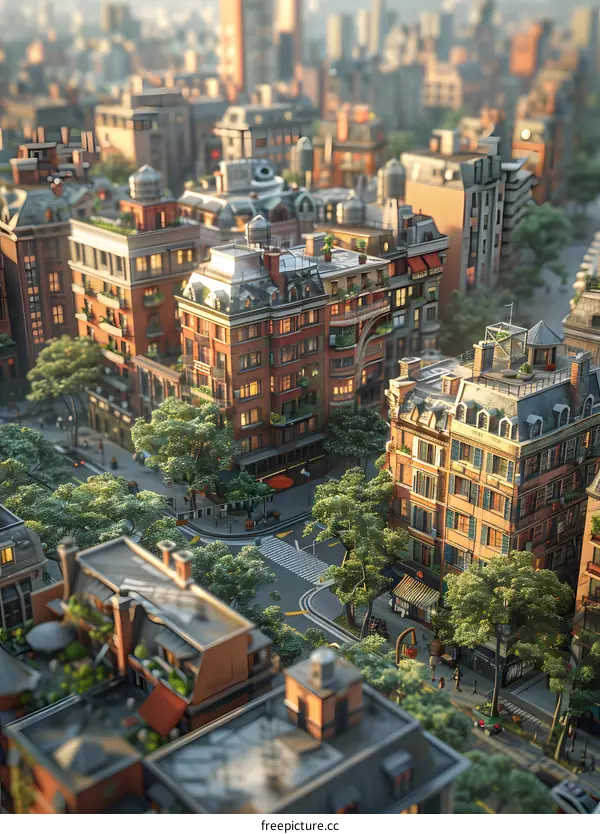 A俯瞰街道两旁高耸的建筑