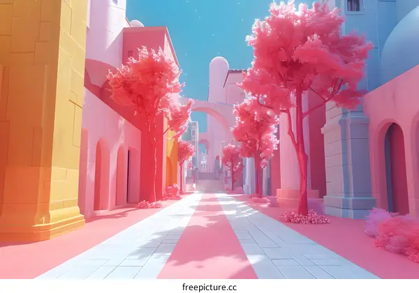 Pastel Pink Cityscape with Trees and Arched Buildings
