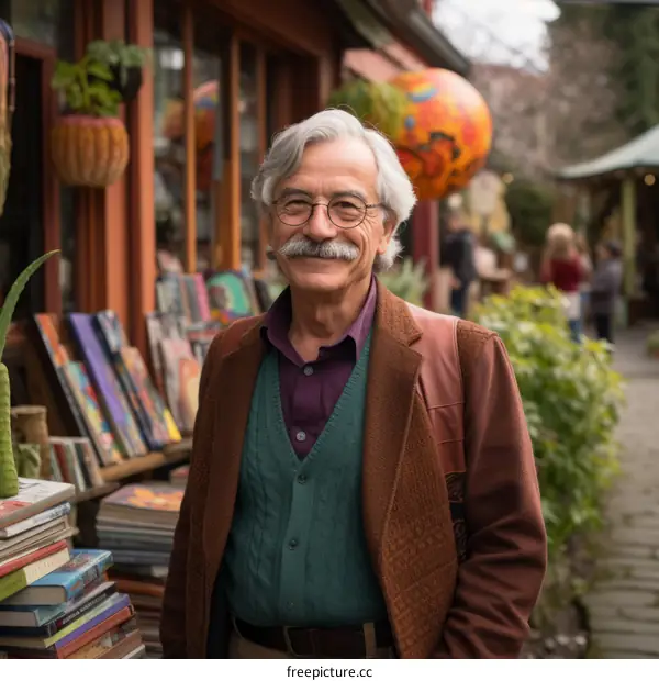 portrait of a smiling mustached man in a brown jacket standing in front of a bookstore