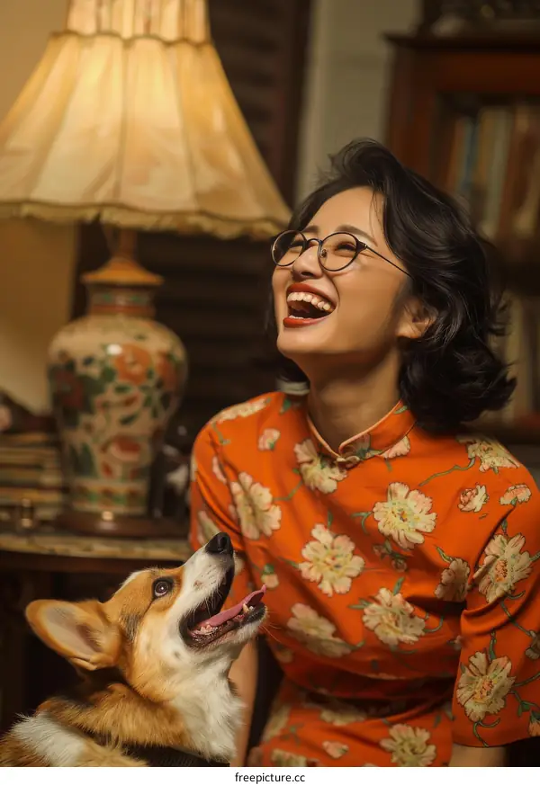 A woman wearing a cheongsam is playing with a corgi dog