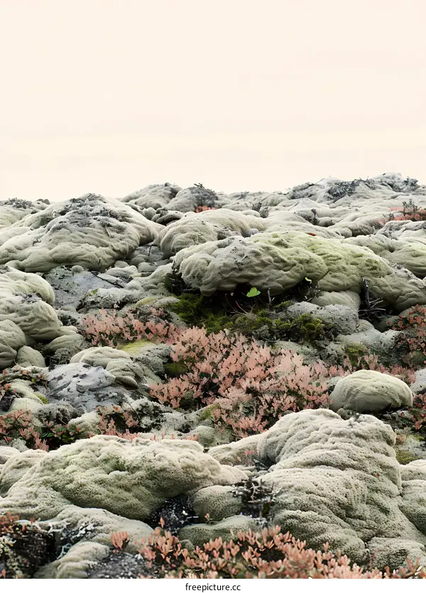 Green and Pink Moss Covered Rocks Landscape
