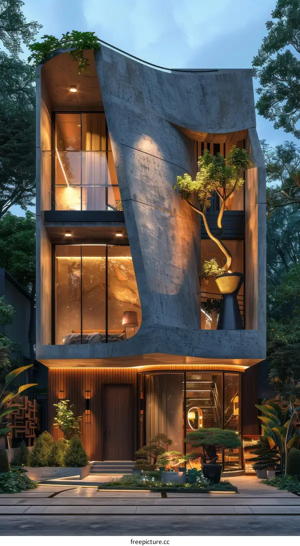 Futuristic and Modern House Design with Large Windows and Green Plants