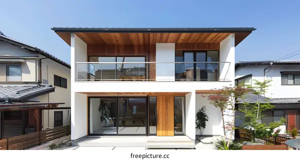 Modern White Two Story House With Balcony And Wooden Ceiling