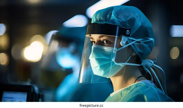 Portrait of a confident female doctor wearing a surgical mask and face shield.