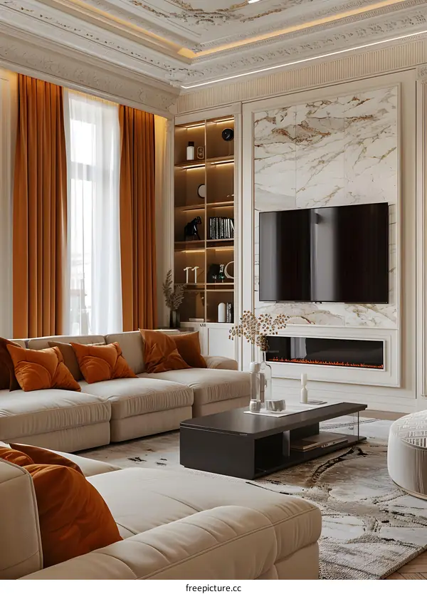 Bright living room with fireplace and marble wall