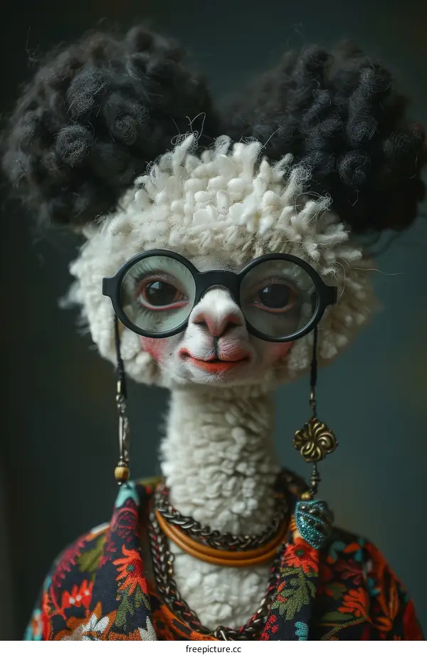 A llama wearing a colorful shirt and glasses