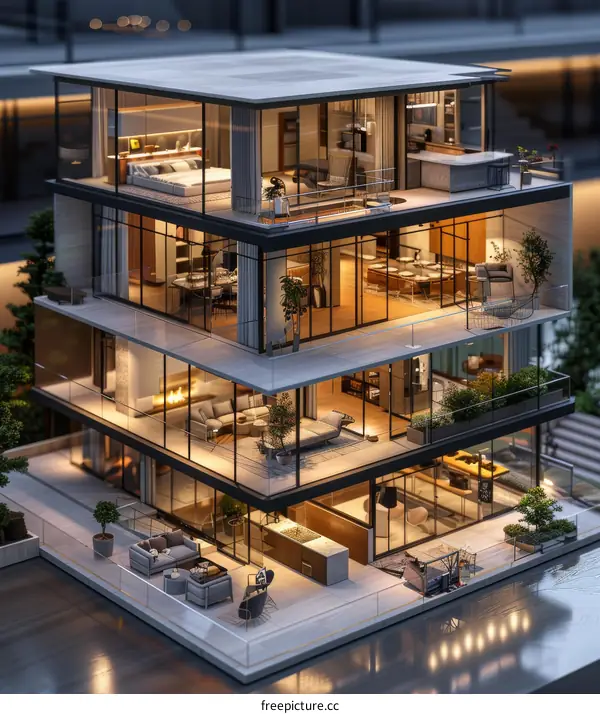 A 3D rendering of a modern luxury house with a pool