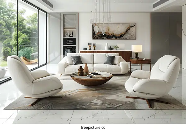 Modern Living Room Interior Design with White Leather Furniture