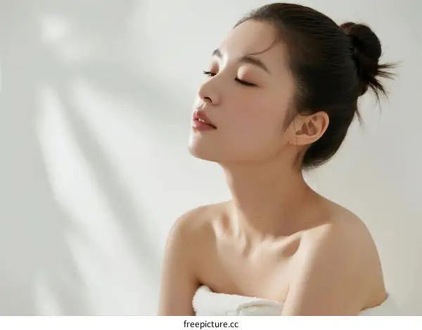 Young Asian Woman with Closed Eyes and Clean Skin in White Background