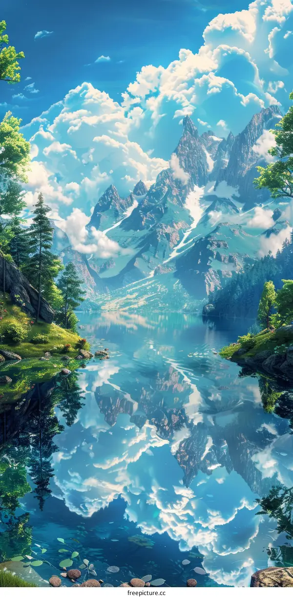 Fantasy Landscape with Majestic Mountain Lake and Forest