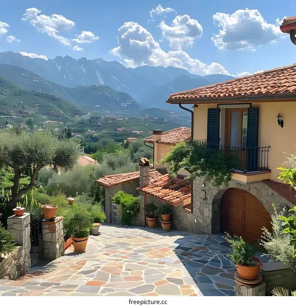 Stone path to Italian villa with mountains in background