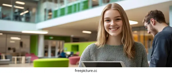 Smiling Woman Holding a Tablet Computer In a Modern Office