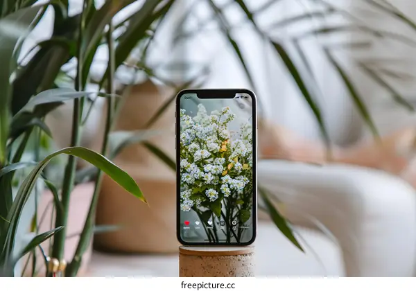 Closeup of a Phone on a Stand Taking a Picture of Flowers