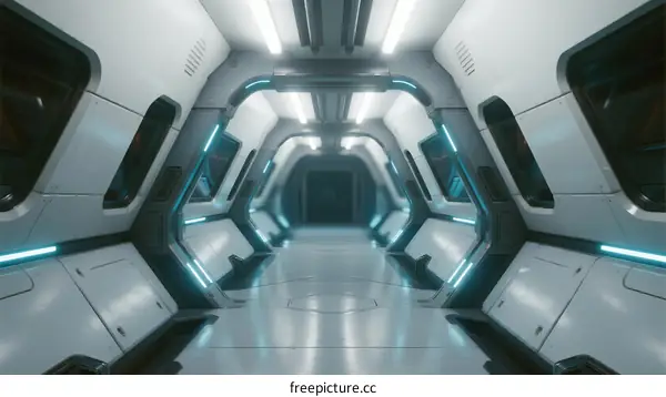 Futuristic spaceship corridor with blue neon lighting and sleek white walls