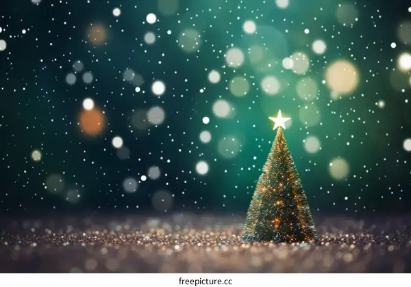 Small Christmas Tree with a Star on Top and Blurry Lights in the Background