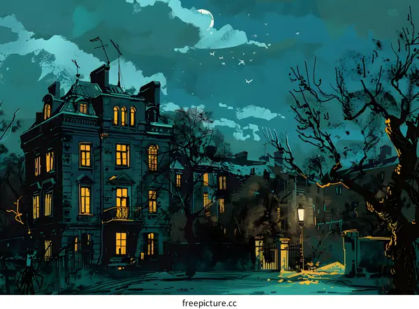 Nighttime View of a City Street with a Large Building and Trees