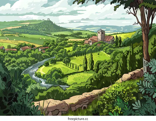 Green Hills Landscape with a Winding River and a Village