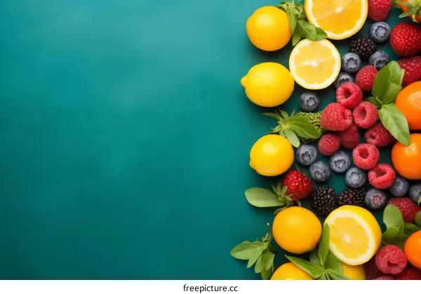 Various citrus fruits and berries on a green background