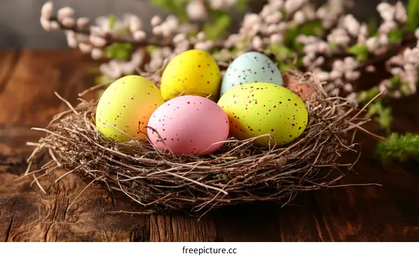 Easter Eggs in a Nest on Wooden Table