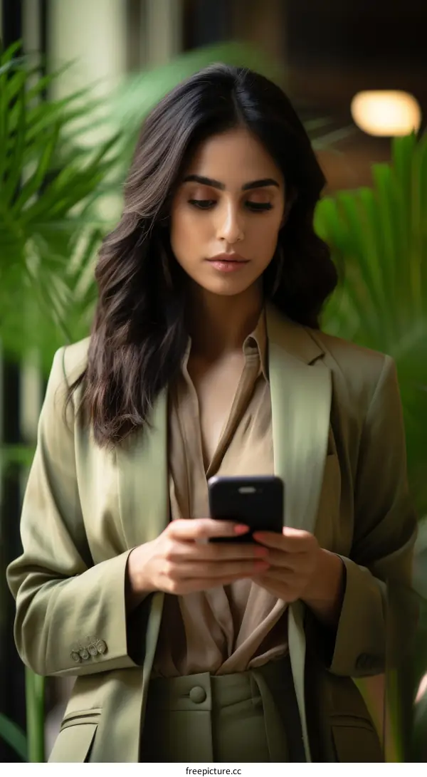 Confident business woman checking her phone in the office