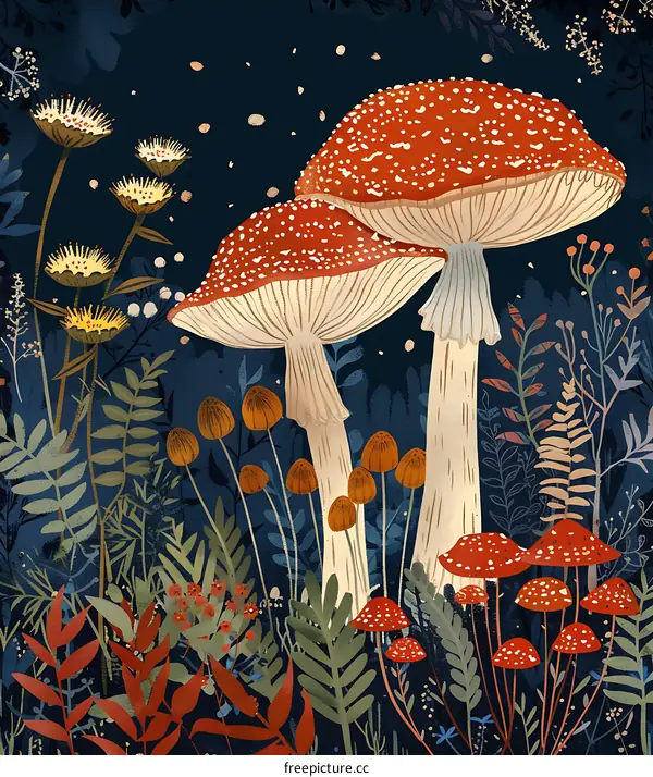 Red and White Mushrooms in a Dark Forest