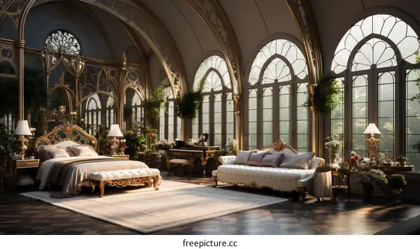 Ornate bedroom with a seating area