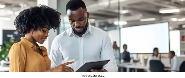 Two African American Business Professionals Discussing Work on a Tablet