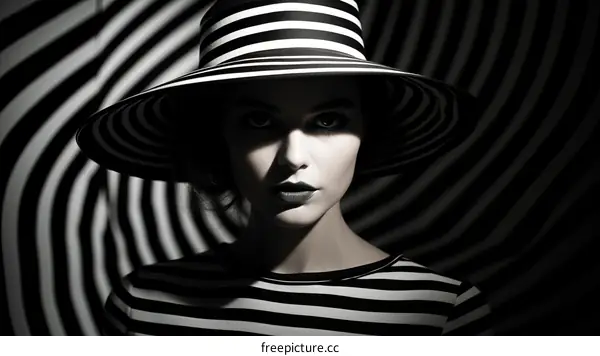 Black and white portrait of a woman wearing a striped hat and shirt