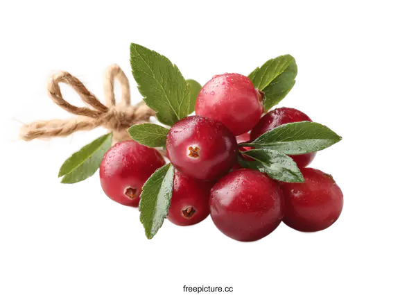 [Transparent Background PNG]Fresh Cranberries with Green Leaves