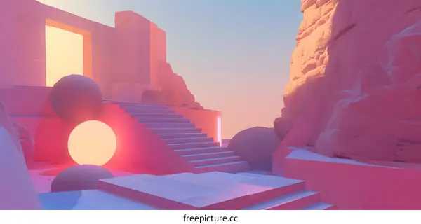 3D Rendered Surreal  Pink Abstract Landscape  Stairs  Light  