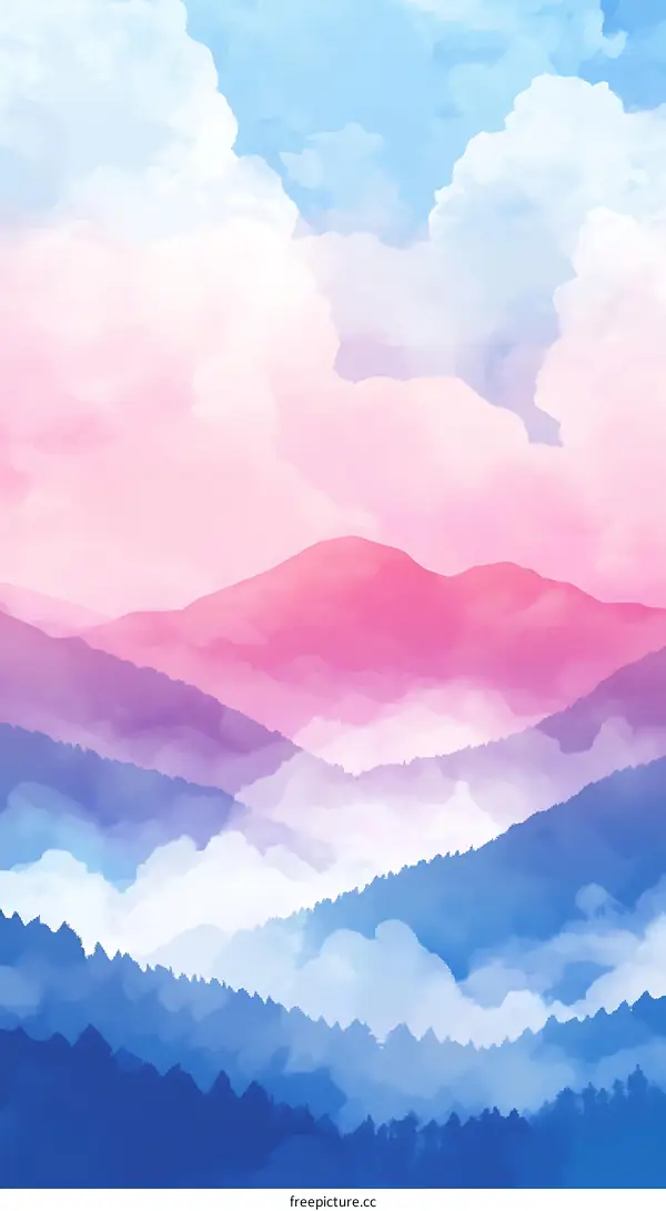 Watercolor Painting of Mountains with Pink and Blue Clouds