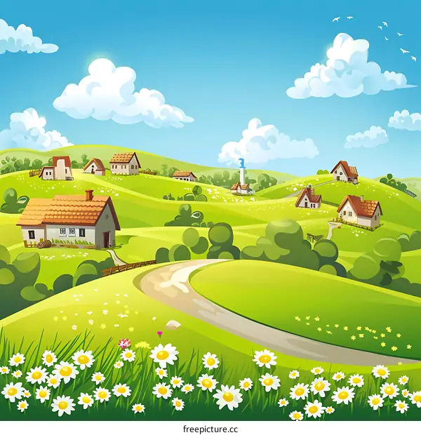 Beautiful Summer Landscape With Green Hills And Houses