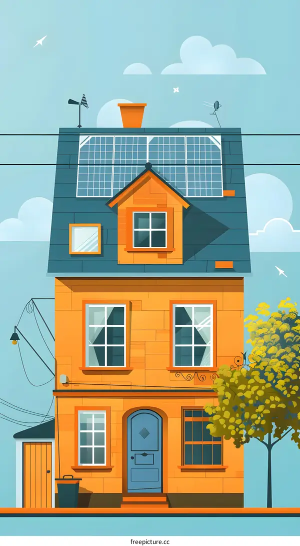 Illustration of a Yellow House with Solar Panels on the Roof
